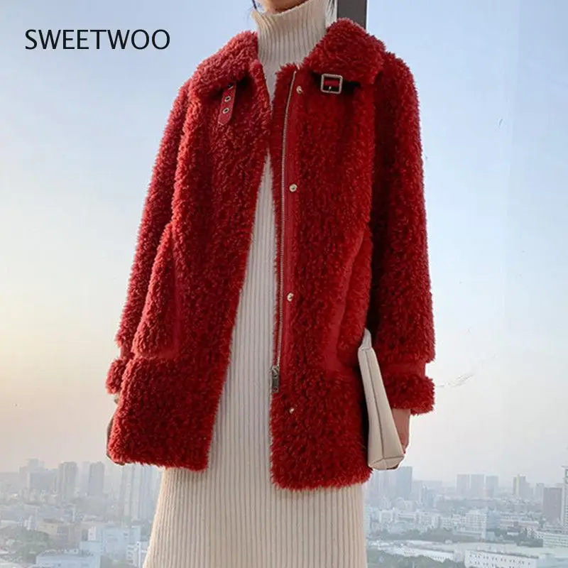 Women 2022 Winter faux Wool Sheep Shearling Outwears Female Genuine Lamb Fur Overcoats Ladies Solid Color Loose Coats Tide Slim