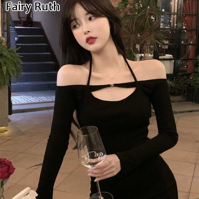 

Dresses For Women 2022 New One-Shoulder Halterneck Knitted Party Evening Dresses Sexy Black Skirt Package Hip Skirt Maxi Dress