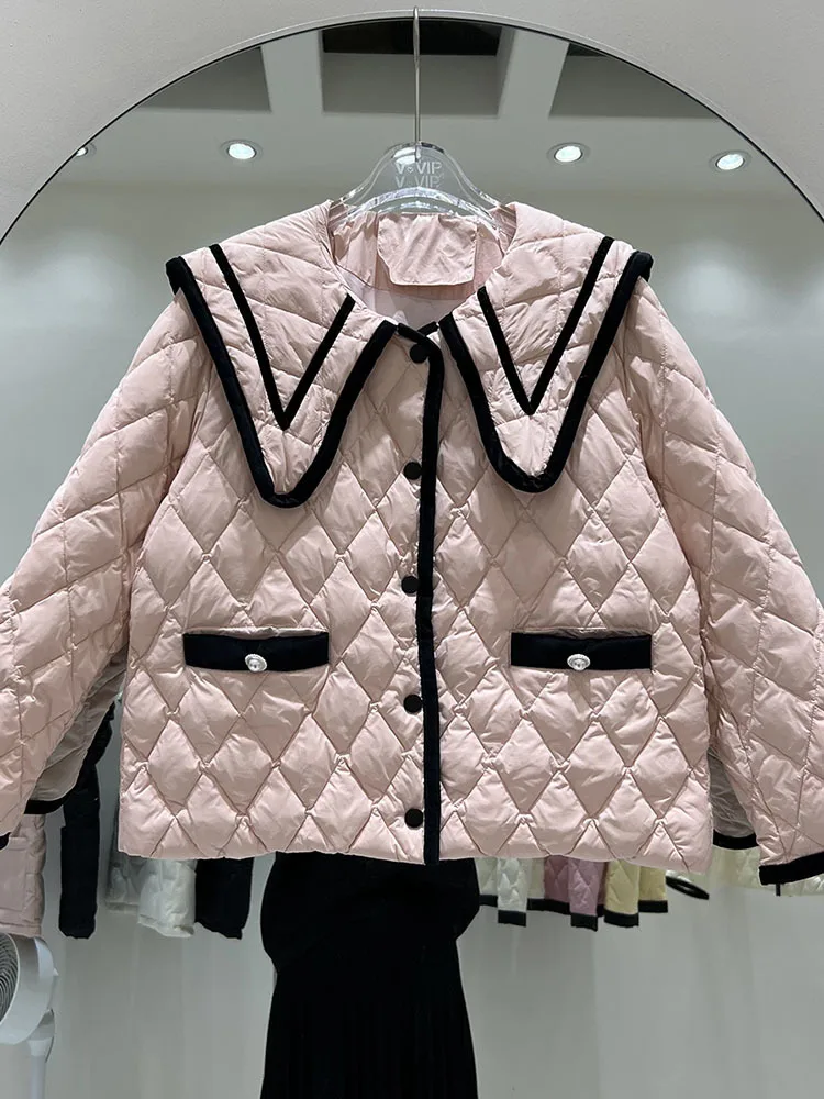 New White Down Jacket Fashion Lingge Doll Collar Loose Women Winter Long Sleeve Solid Color Casual Coat Casacas Para Mujer