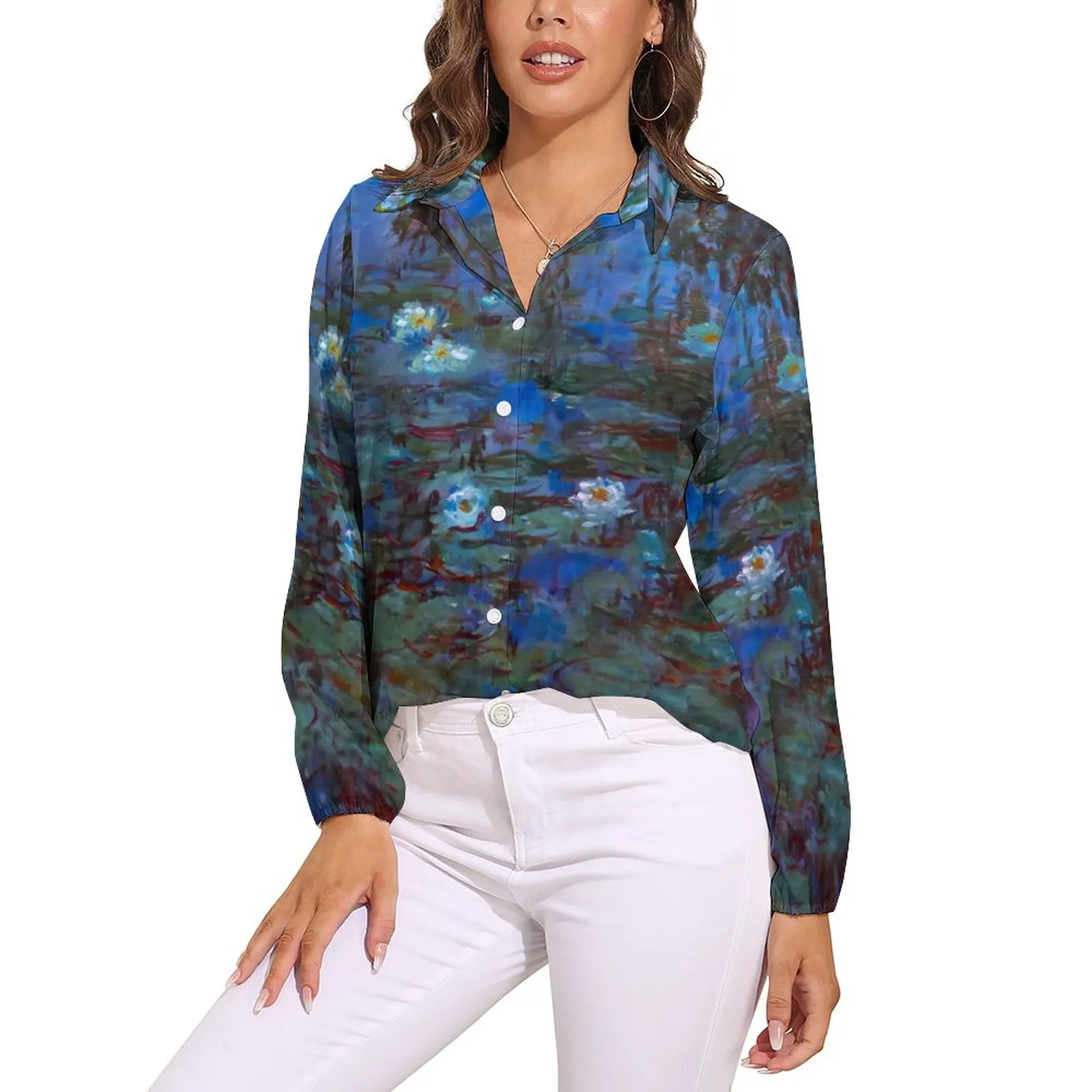 

Женская блузка с длинным рукавом, голубая офисная блузка с графическим принтом Клода Моне и лилии, модная рубашка в Корейском стиле, Осенний Топ большого размера