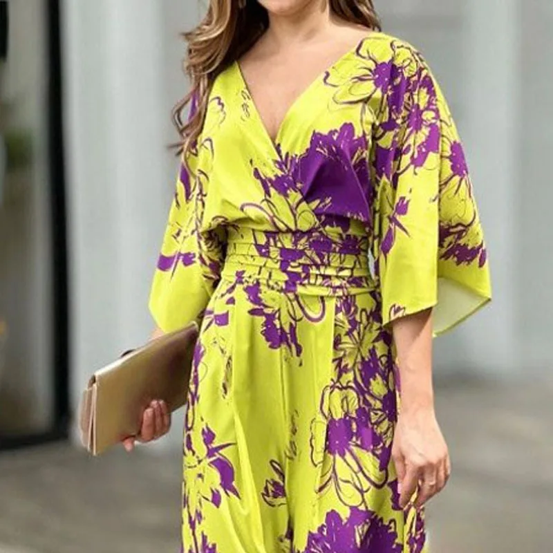 S-3XL Fashion V-neck Jumpsuit 2022 Spring And Summer New Style Elegant Printing Bat Sleeve Waist Trousers Straight Pants