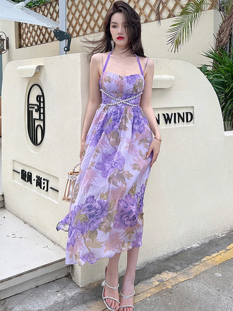 

Korean Women Evening Dress Floral Sheer Sexy Halter Backless Corset Midi Party Beach Birthday Wedding Lady Robe Mujer Vestidos