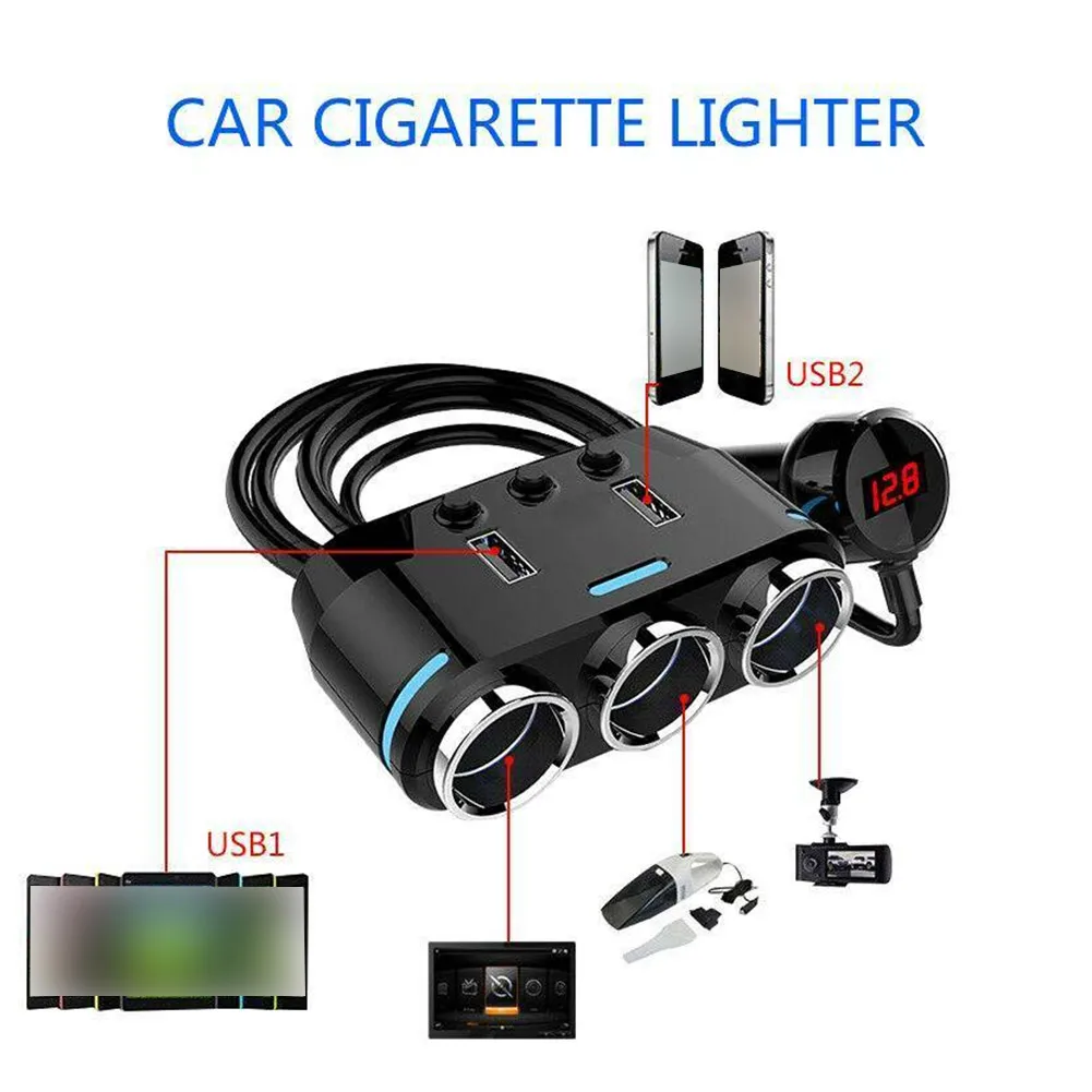 

3 Way Car Cigarette Lighter Socket Splitter Charger DC 12~24V Cigarette Lighter Socket USB Charger Adapter Plug Ports
