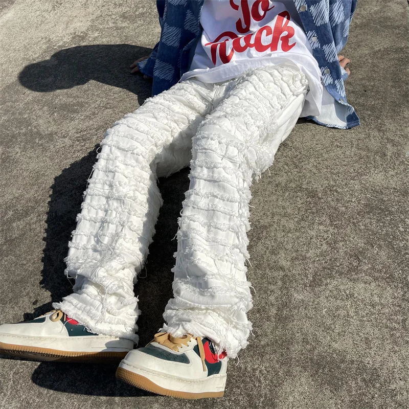White Hip Hop Jeans Striped Tassel Frayed Straight Baggy Jeans Pants Harajuku Male Female Solid Streetwear Casual Denim Trousers