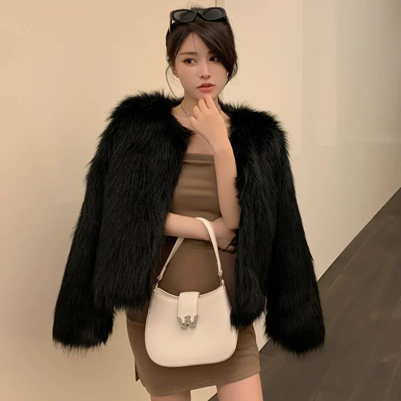 2022 Winter Faux  Fox Fur Grass Young Fur Coat Women's Luxury Short Fur Like Coat Sweet Girl Sky Blue Coats Fur Jacket