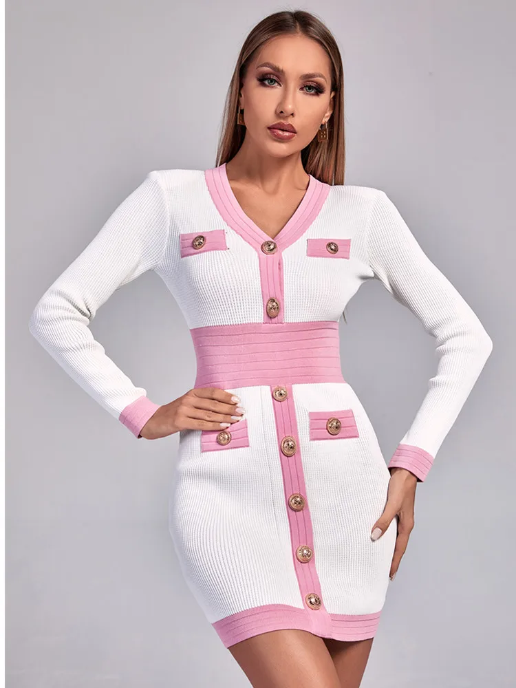 

New Arrival White Color Ratia Knit Mini Dress Women Long Sleeve Sexy V-Neck Bodycon Mini Dress Button Evening Party Dress