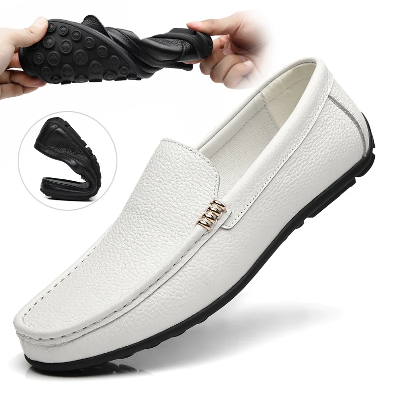 

White Loafer Men Shoes Luxury Genuine Leather Business Moccasins Footwear Male Soft Driving Flats Comfy Slip-On Men Casual Shoes