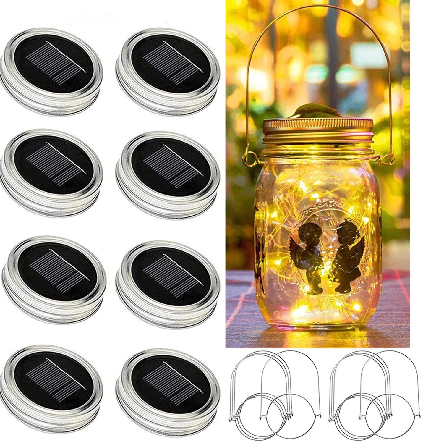 4x Solar Power Mason Jar Lid Lights 20 LEDs Fairy Firefly Jar Lids Lamp for Holiday Party Christmas Patio Lawn Garden Decoration