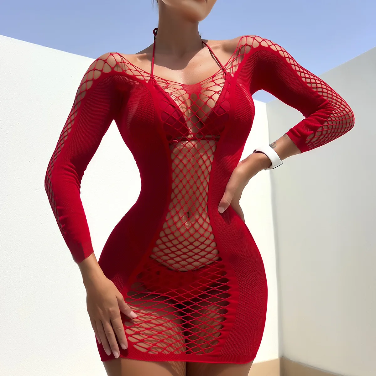 

2023 New Red Fishnet Lingerie Costumes For Women Erotic Mesh Hollow Out See Through Mini Beach Dress Female Sexy Short Skirt
