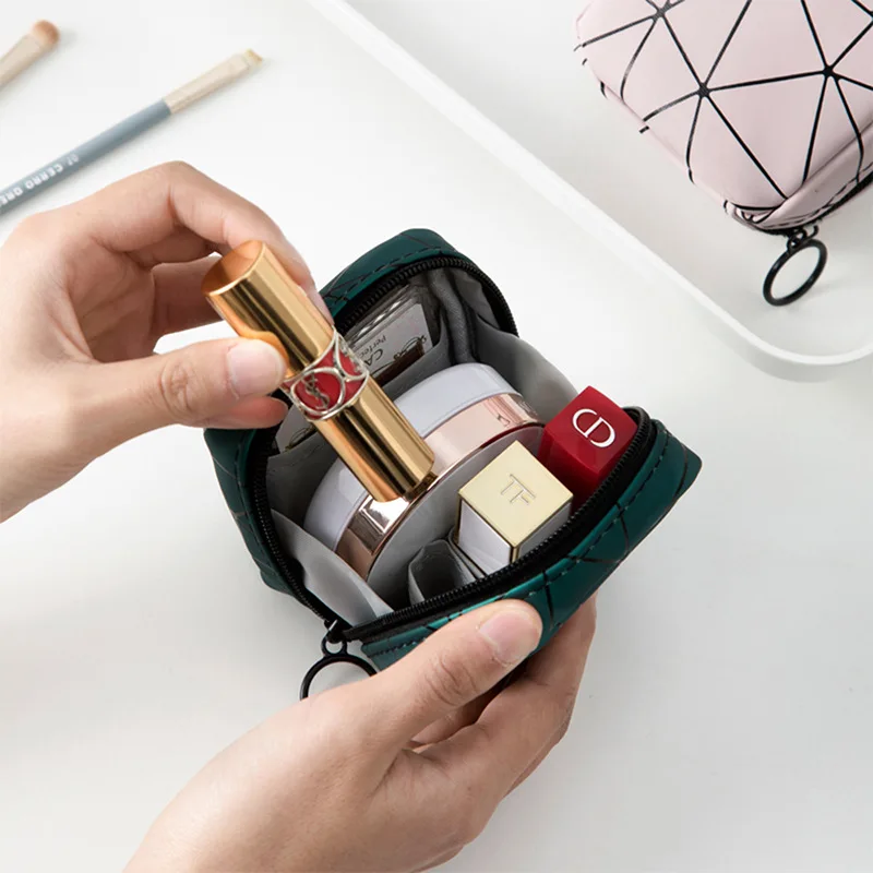 

Cosmetic Bag Portable Mini Travel Portable Lipstick Bag Leather Zipper Waterproof Makeup Bags Solid Simple Toiletries Organizer