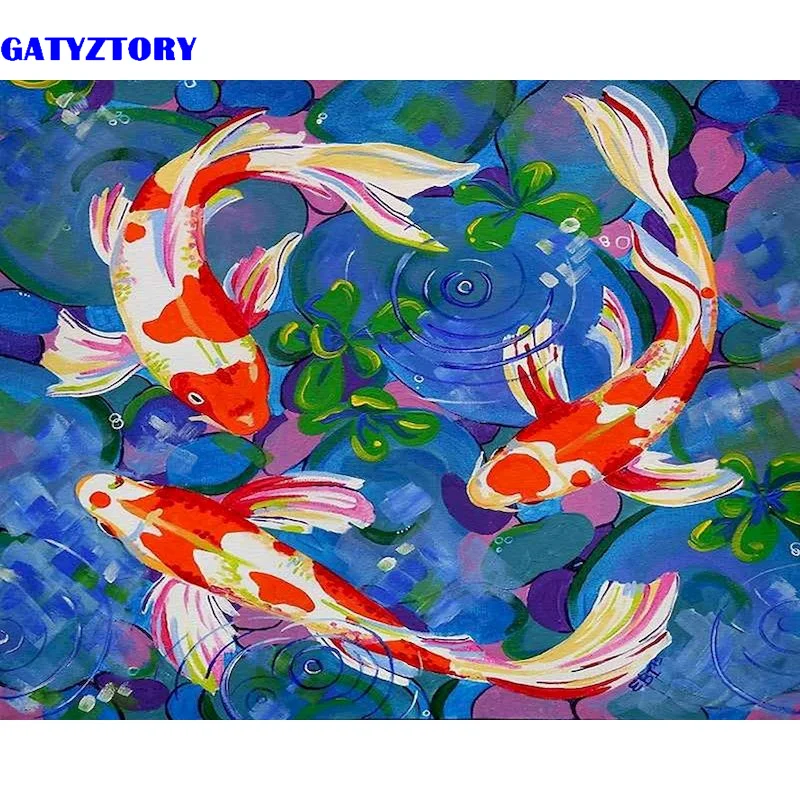 

GATYZTORY краска по номерам, карп, животное, акриловая Ручная Краска на холсте, Настенная картина по номерам, цветок для гостиной