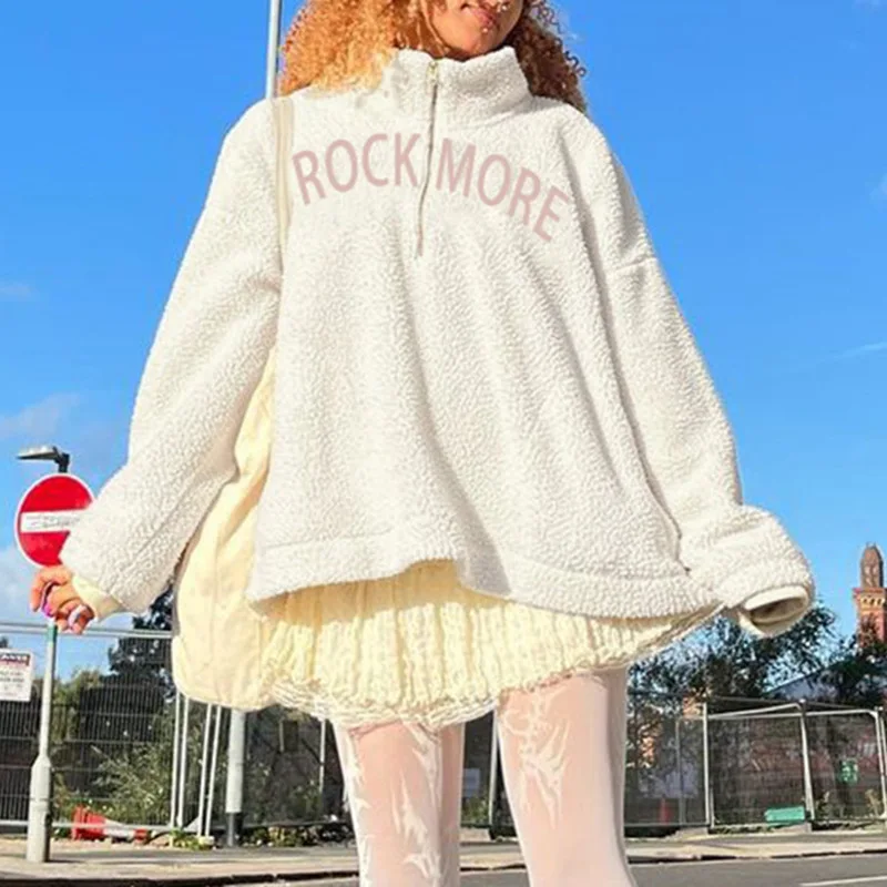 

Women's Sweatshirts White Letter Embroidery Hoodies Long Sleeve Pullover Winter Fleece Turtlenneck Zipper Tops Female Streetwear