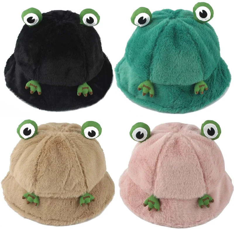 

Cute Frog Bucket Hats Fashion Panama Fishing Hat Faux Fur Winter Hat Women Men Outdoor Warm Sun Fisherman Cap