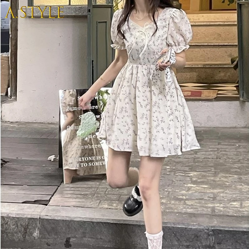 

A GIRLS Dress Women Short Puff Sleeves Tender Tunic Empire French Chiffon Cozy Floral Apricot Romance Summer Vacation Vestido