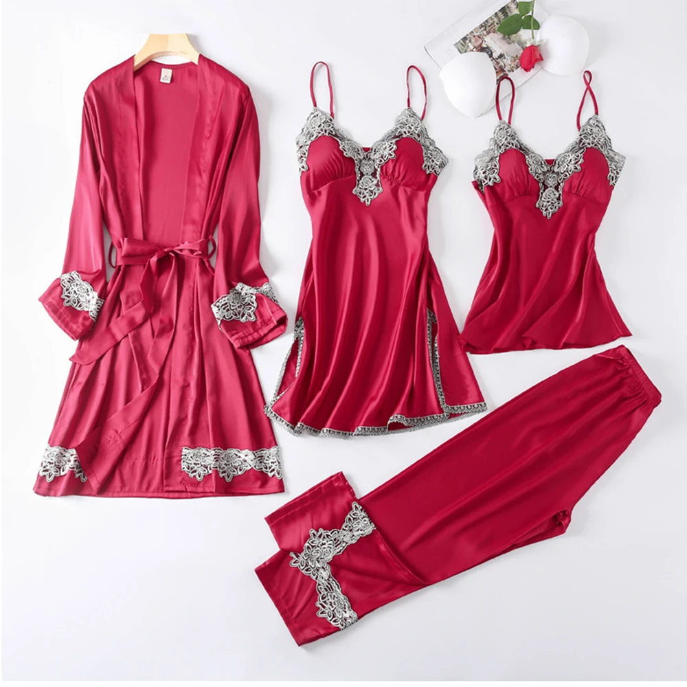 

Womens 4PC Pajamas Sets Lace Top Pants Sleepwear Suit Home Wear Nightwear Sexy Ice Silk Robe Bath Gown Nightdress
