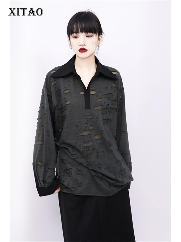 XITAO Black Blouse Fashion Hollow Out Small Fresh Full Sleeve Small Fresh Pleated Goddess Fan 2022 Autumn Shirt WLD10050