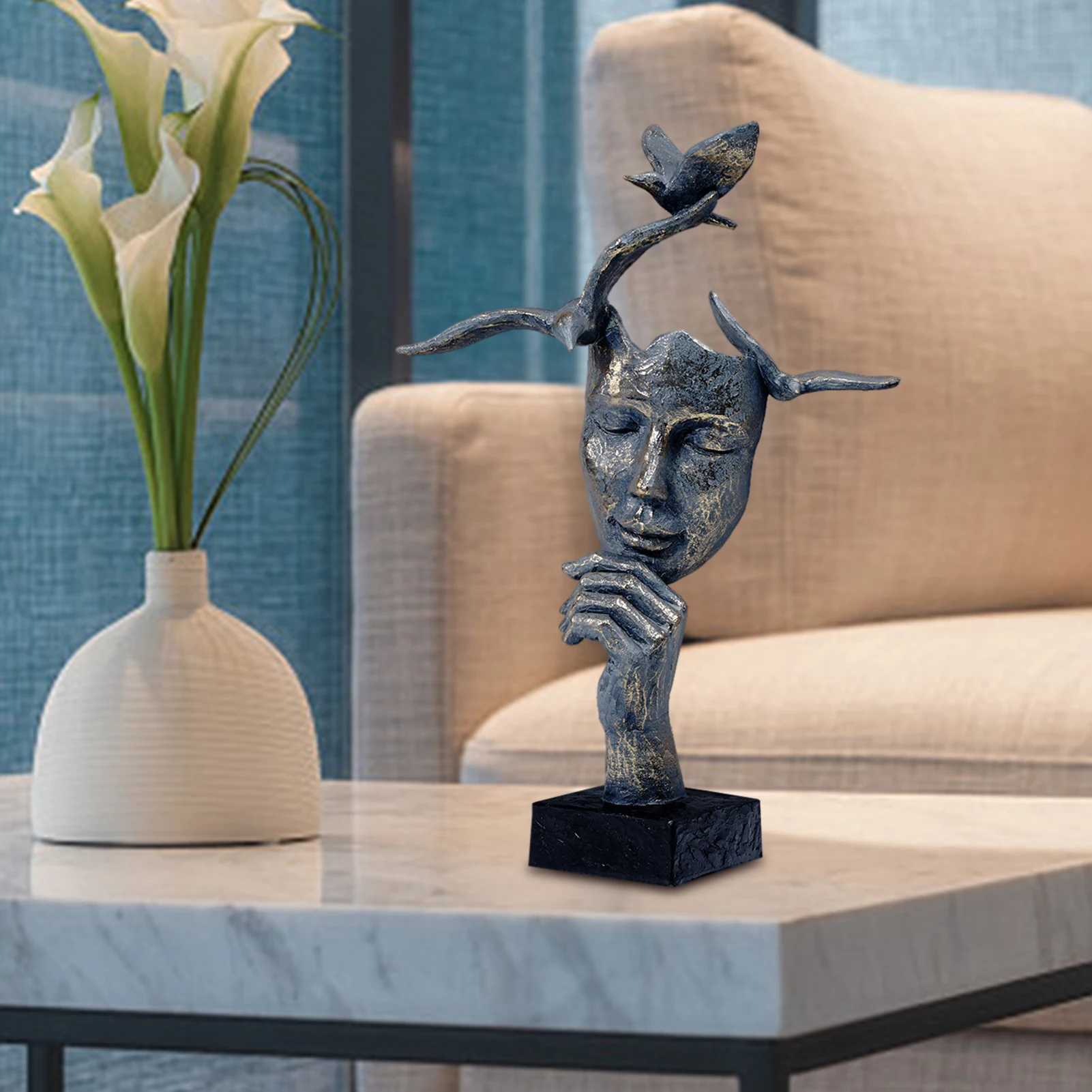 

Hot Sale Thinker Statues Silence Is Gold Figurines Resin Retro Home Decor For Office Gifts Living Room Abstract Face Sculptures