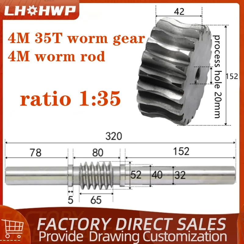 

1 sets 4 Modulus 4M Worm rod with worm gear 4M 35T 35 teeth 45# steel reduction ratio 1:35 worm rod with process hole