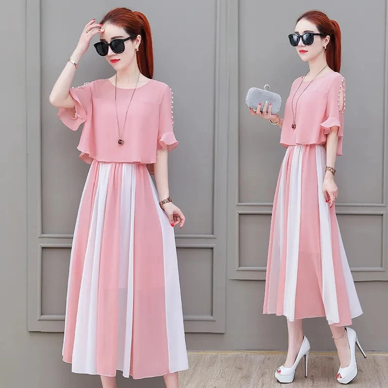 Летнее платье с бусинами новинка 2022 модное тонкое шифоновое средней длины в