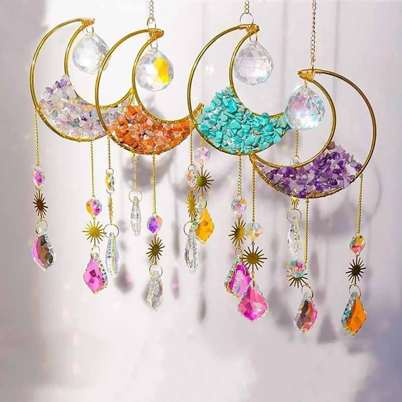 

Подвеска в виде полумесяца, Луны, Ловец Солнца, ветра, рейки, Исцеляющие натуральные кристаллы чипсов, подвесная Радужная подвеска, настенное украшение для окна