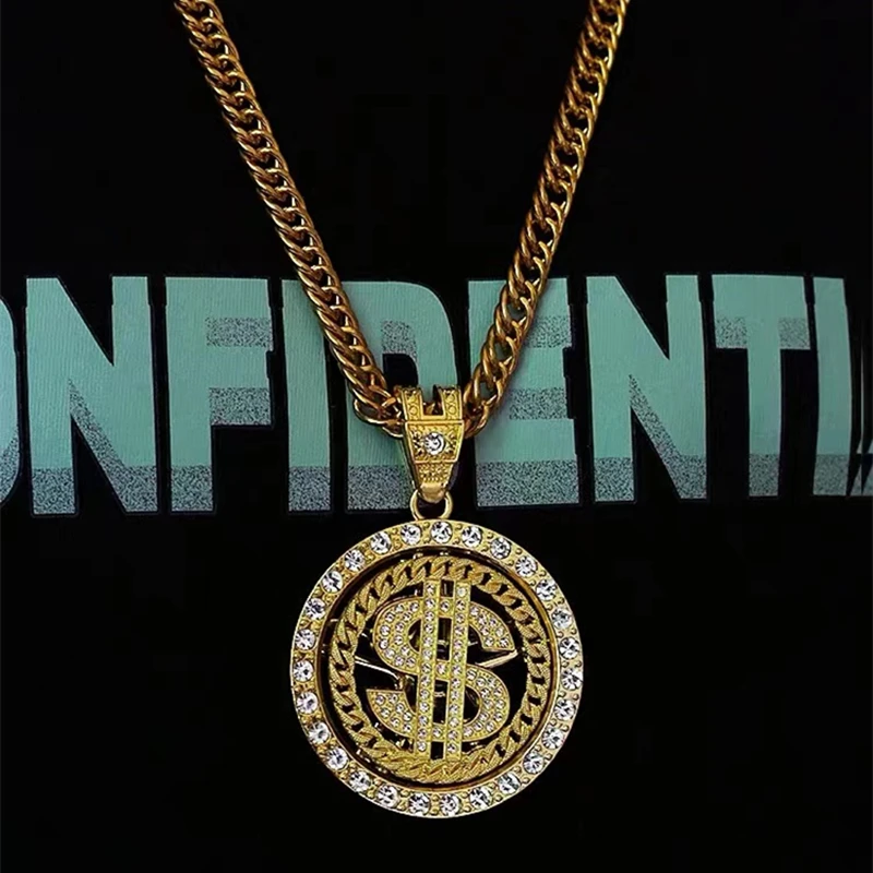 

2022 New Hip Hop Fashion Trend Dollar Pendant Necklace Rotatable Rap Party Gift Men Accessories Punk Chain Cubic Zircon Vintage
