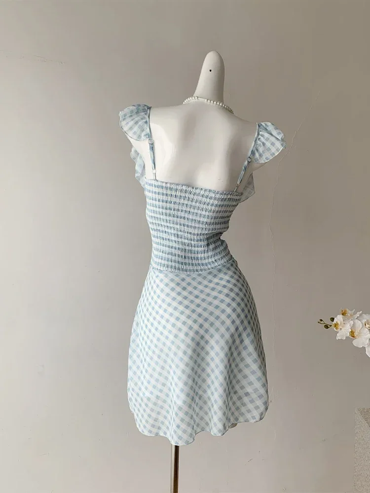 Женское клетчатое платье-трапеция без рукавов с квадратным вырезом