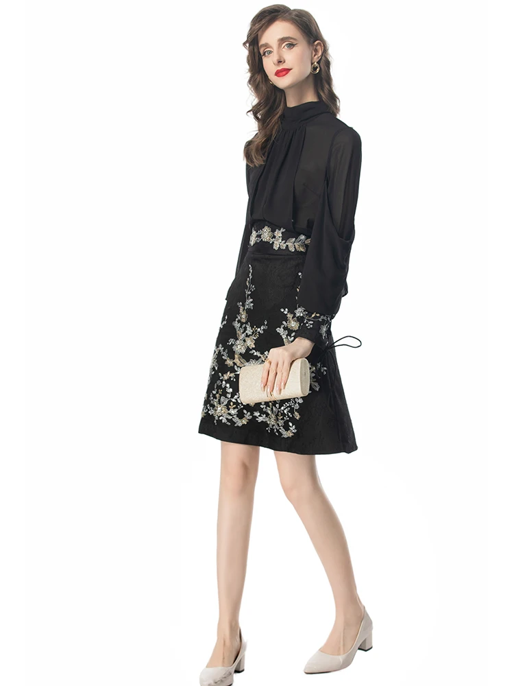 Летний костюм DLDENGHAN с вышивкой блестками женские топы воротником-стойкой и