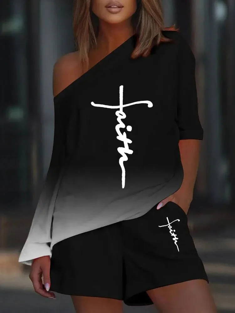

Skew Collar Sportswear 2PCS Sets Summer Women Letter Printing Loose Long Sleeve Shorts Ladies Outfit Loungewear Streetwear Suits