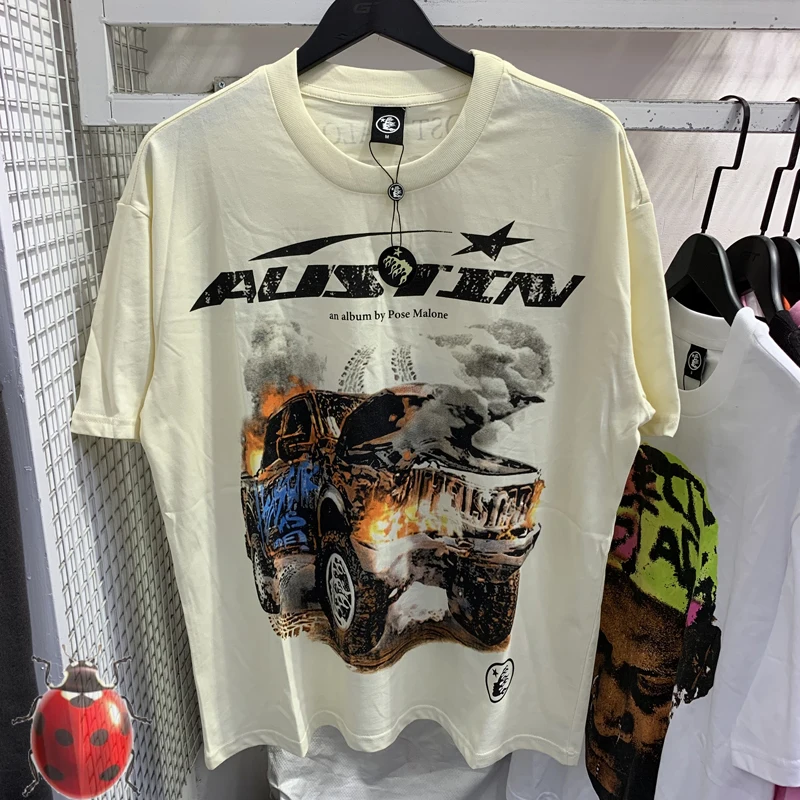 

Real Photos Hellstar Studios Post Malone Austin Burning Truck Print Tee Eu Size Men Women Streetwear Cotton T Shirt Oversize