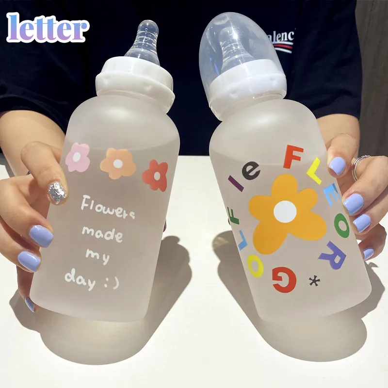 

Cute Flowers Pacifier Baby Bottle Water Cup With Straw Frosted Transparent Water Bottles For Girls BPA Free Kids Drinking Cups