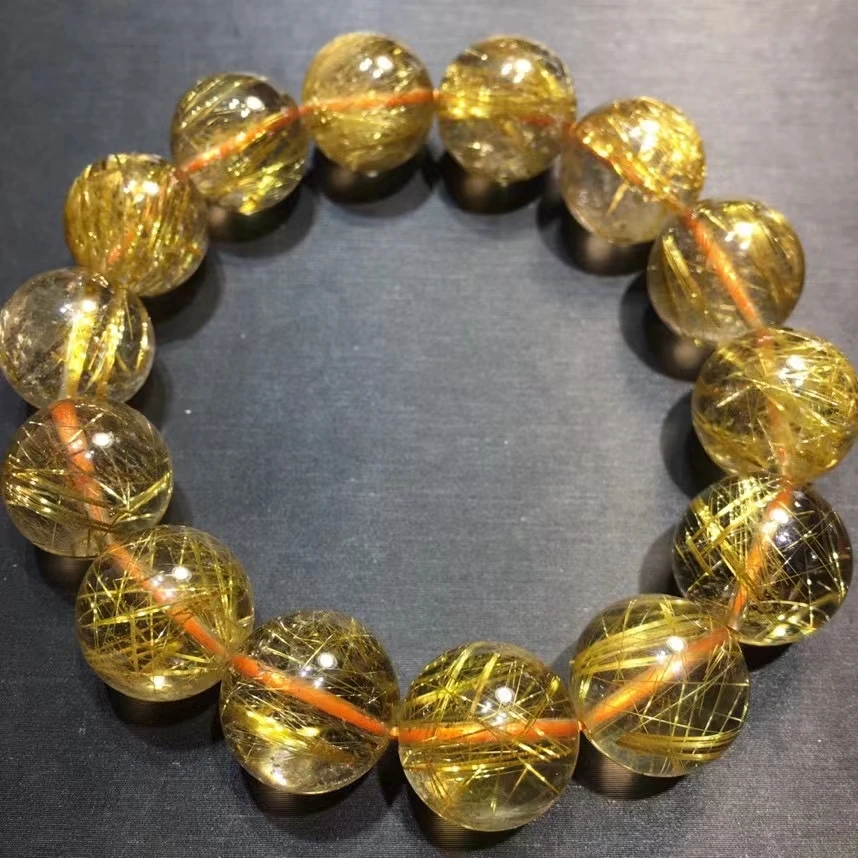 

Natural Gold Rutilated Quartz Clear Round Beads Bracelet 15mm Women Men Brazil Gold Rutilated Cat Eye Wealthy Stone AAAAAA