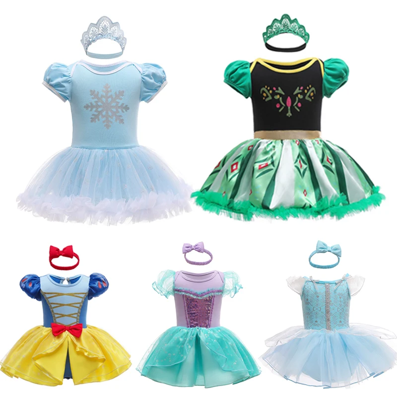 Disney Elsa Anna Princess Romper Newborn Baby Girls Bow Birthday Party 2PCS Clothes+Headgear Snow White Frozen Cartoon Costumes