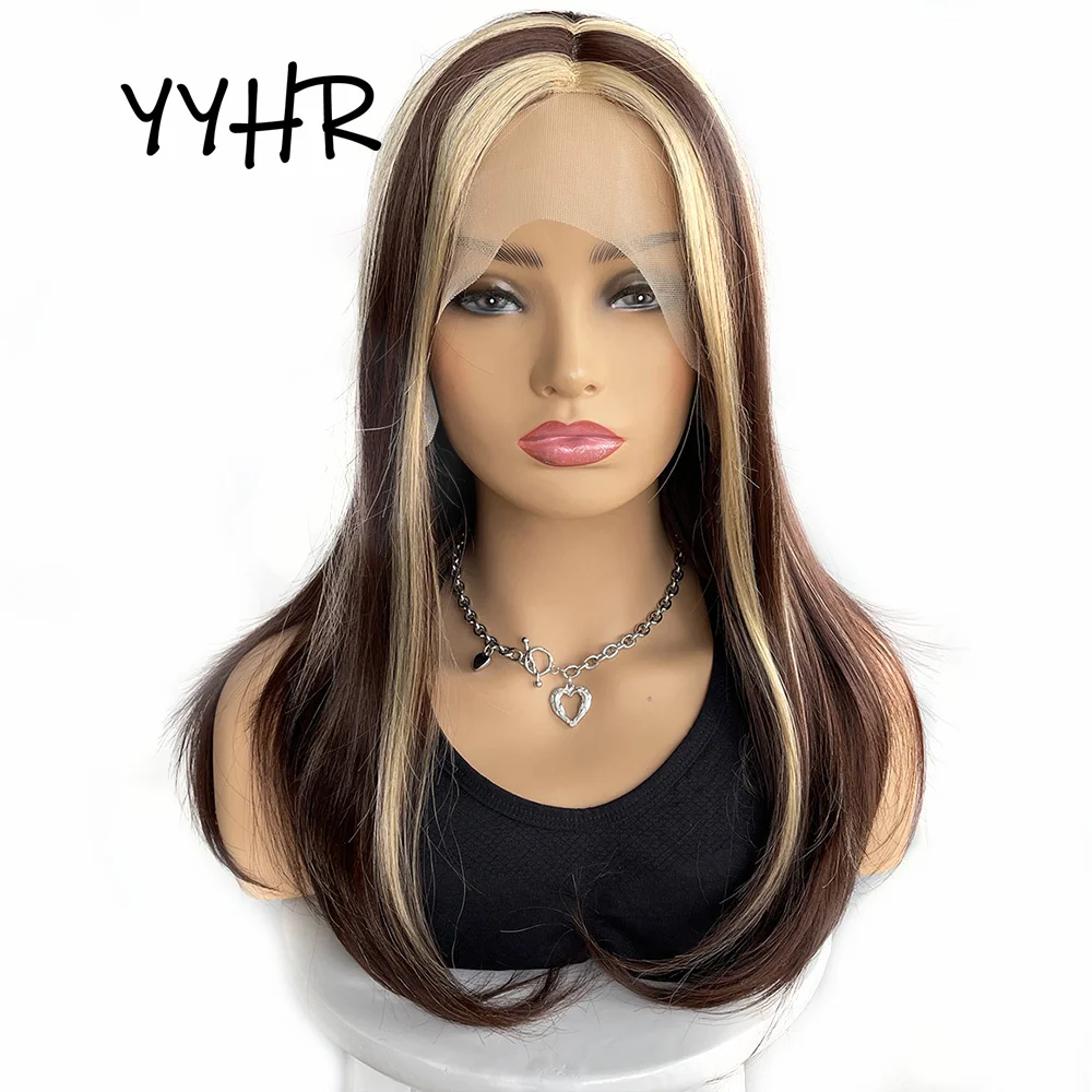 Synthetic Highlight  Lace  Wig  18 Inch Brown Ombre  Honey Blonde Bob Straight Wigs For African Women Daily Use T Part Lace Wig