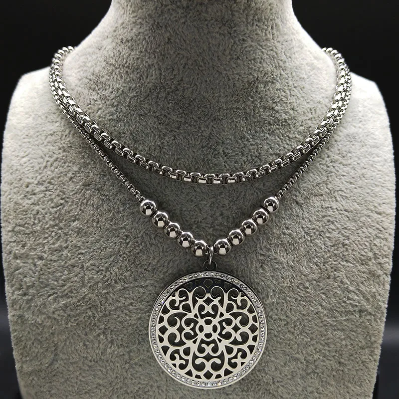 

Bead Crystal Stainless Steel Choker Necklace Women Silver Color Flower of Life Necklaces bijoux acier inoxydable femme N20129S08