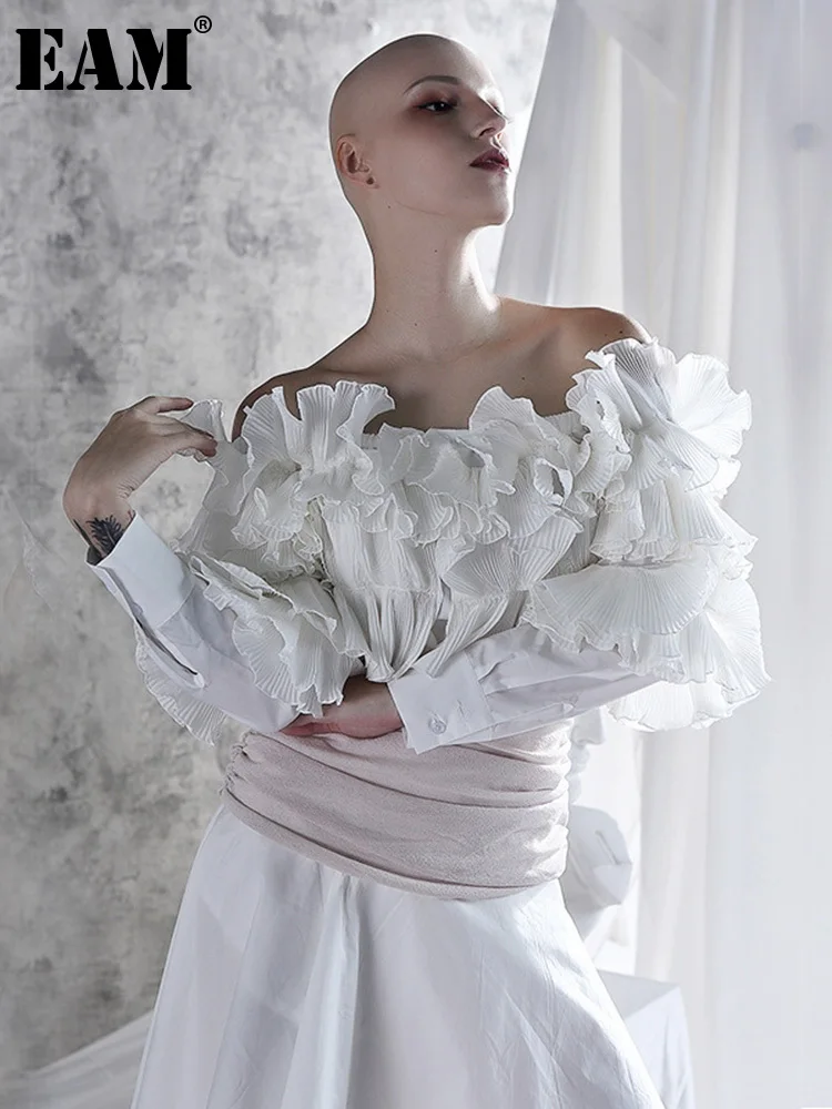 

[EAM] Women White Ruffles Elegant Blouse New Slash Neck Long Sleeve Loose Fit Shirt Fashion Tide Spring Autumn 2023 JX635