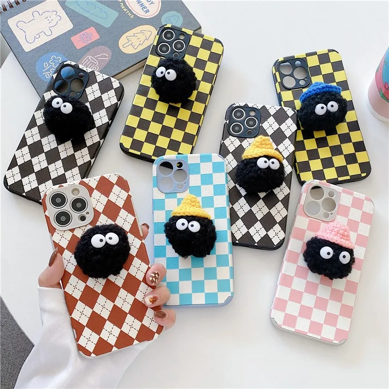 

Plush 3d Black Charcoal Ball Folding Bracket Female Soft Case For Iphone 11 12 13 Pro Max 7 8 Plus Xr X Xs Se 2020 Cover Fundas