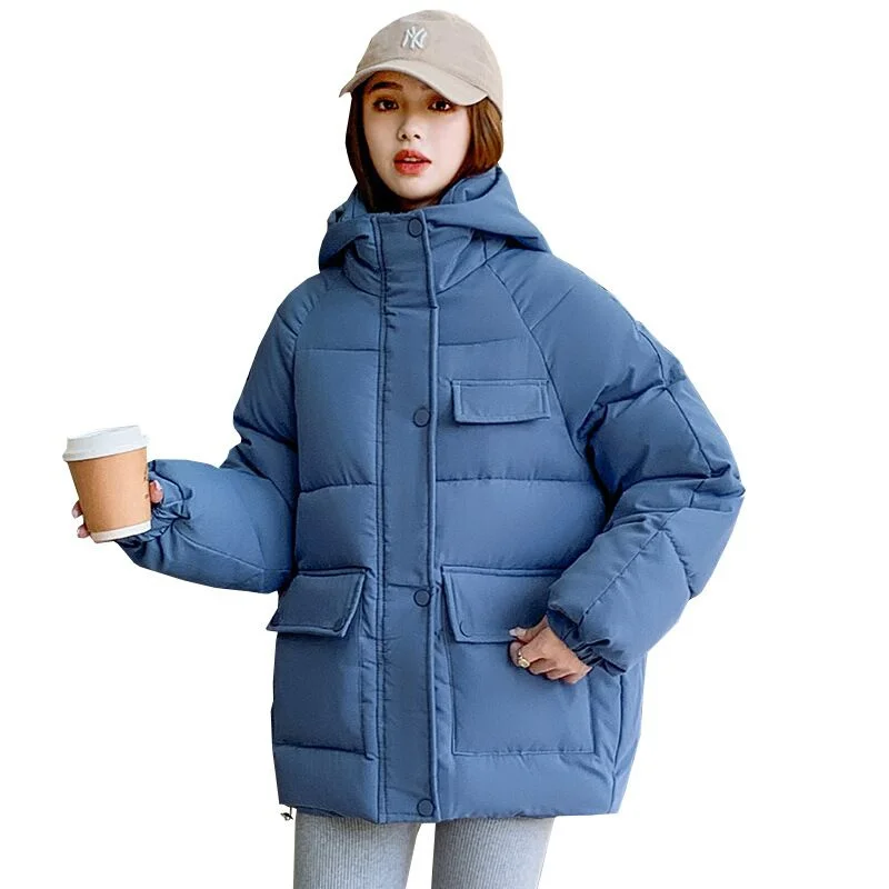 

Winter New Style Girlish Stand Collar Hooded Down Jackets Big Pockets High Quality Thick Cozy Windproof Cotton-Padded Overcoats