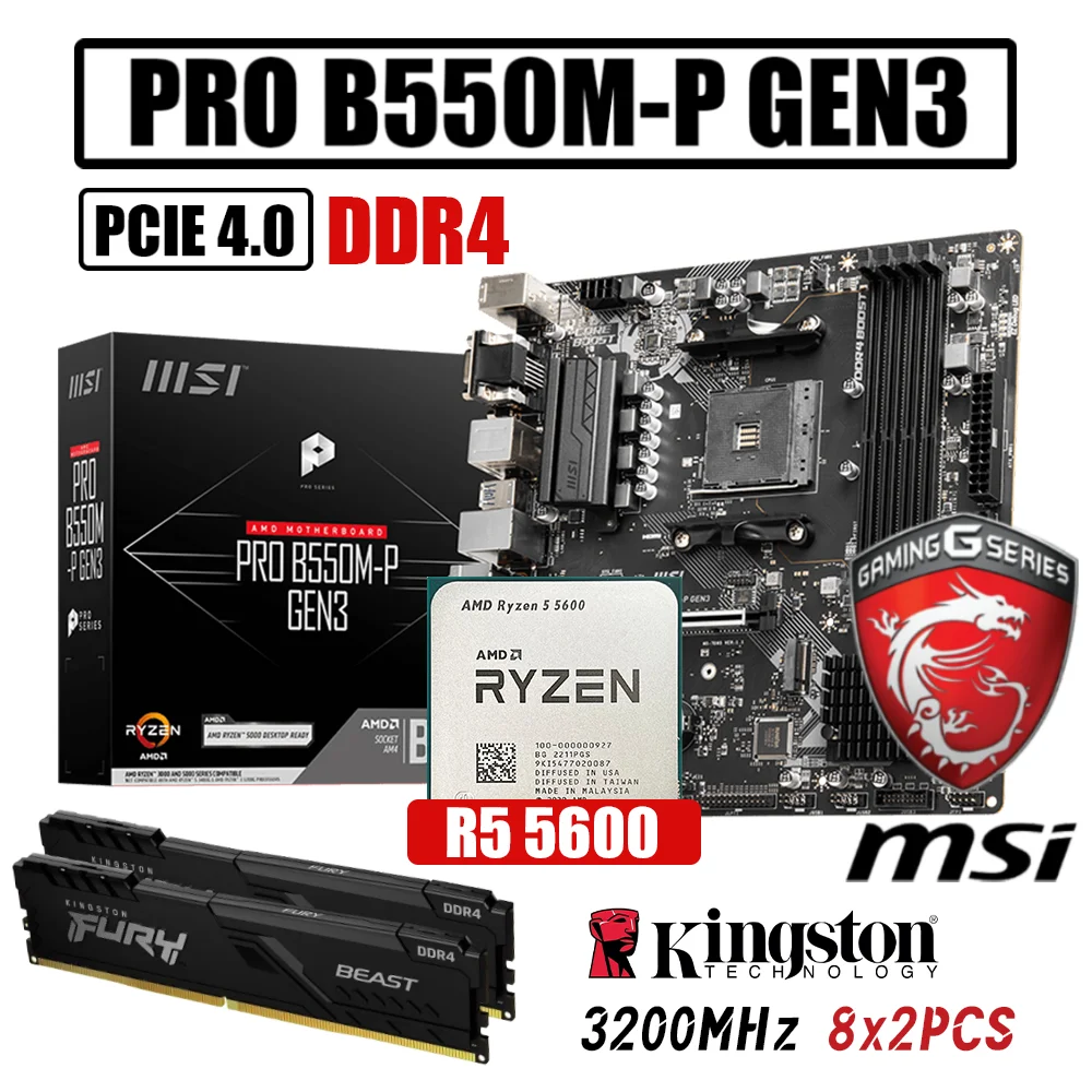 

MSI B550M-P GEN3 Combo AM4 Motherboard With AMD Ryzen 5 5600 Processor Kit Fury DDR4 3200MHz 16G Memory Desktop Brand New