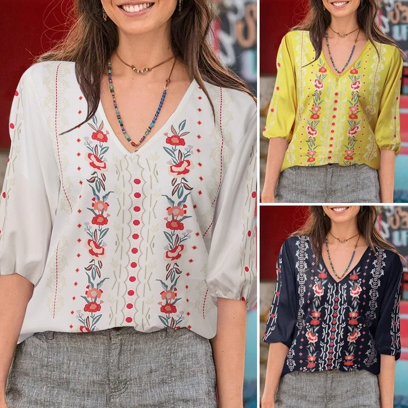 

2022 Spring Autumn Ladies Vintage Floral Print Blouse Blouse Summer Loose Casual V Neck Half Sleeve T Shirt Streetwear