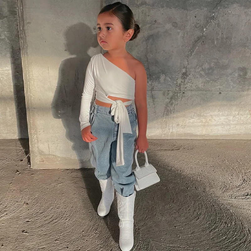 White Kids Girls One-Shoulder Crop Tops Summer Clothes Younge Child Girl Fashion T-shirts Single Long Sleeve Tee Tops For 7 to 8