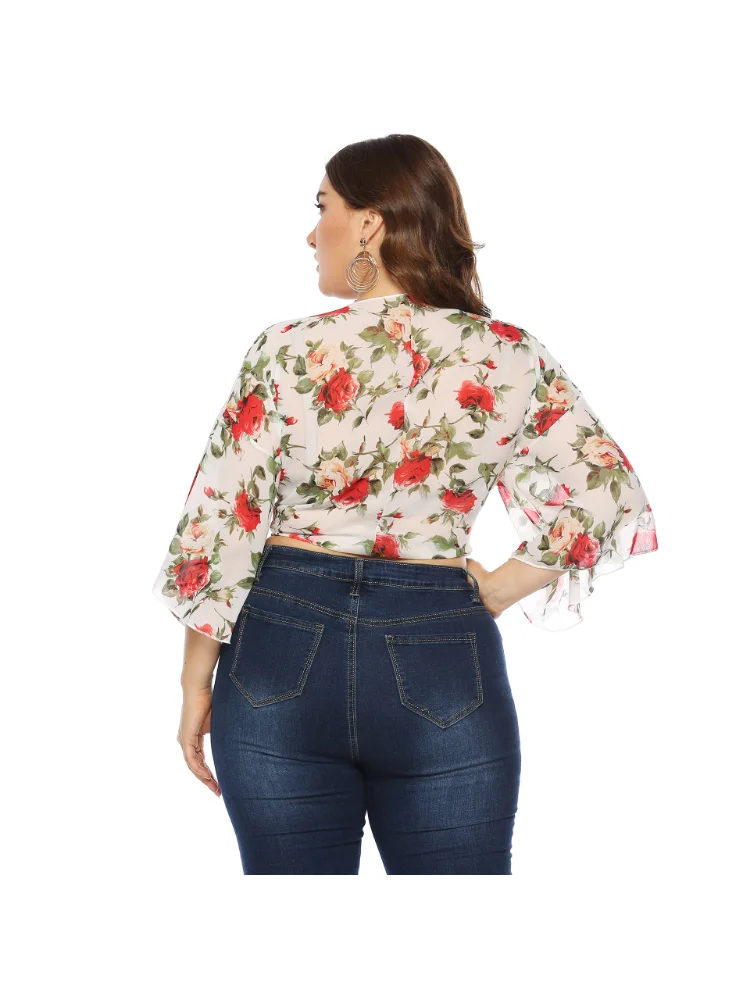 Large size women's rose flower print, bell sleeves, chiffon cardigan knotted cropped top plus size blouse