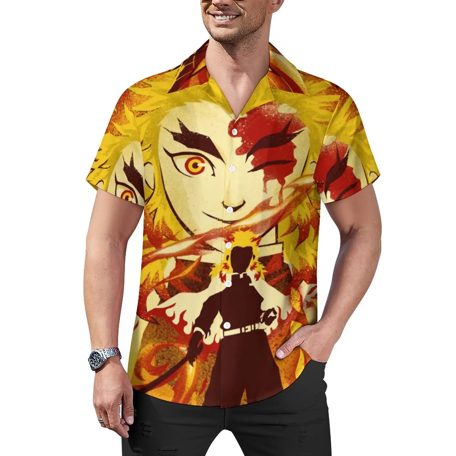 

Demon Slayer Anime Loose Shirt Beach Attack of The Flame Casual Shirts Summer Print Short-Sleeve Street Style Oversize Blouses