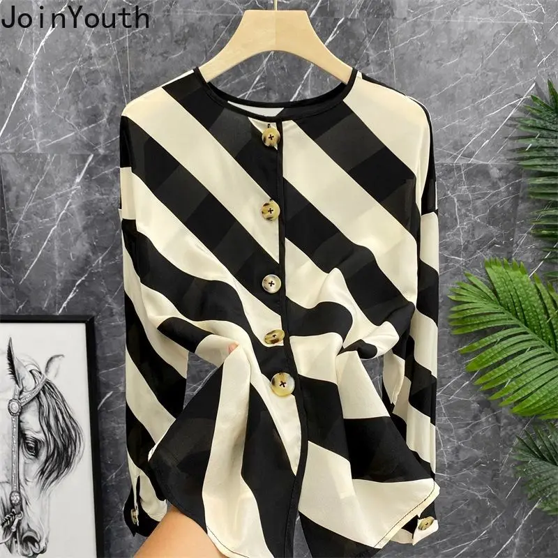 Блузка Женская Полосатая с длинным рукавом модная винтажная однобортная рубашка