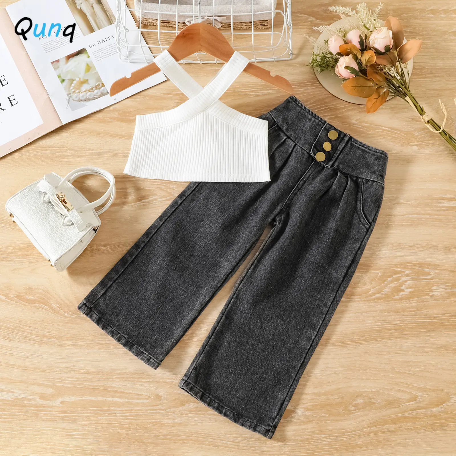 

Qunq Summer New Girls Solid Hollow Out Vest Crop Pullover Top + Denim Wide-Leg Pants 2 Pieces Set Casual Kids Clouthes Age3T-8T