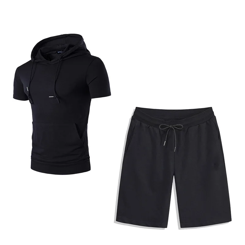 Brand New Basic Men's Sets Pullover Summer Short Sleeve Two Pieces Sports Sportswear Loose Shorts and Hoodies