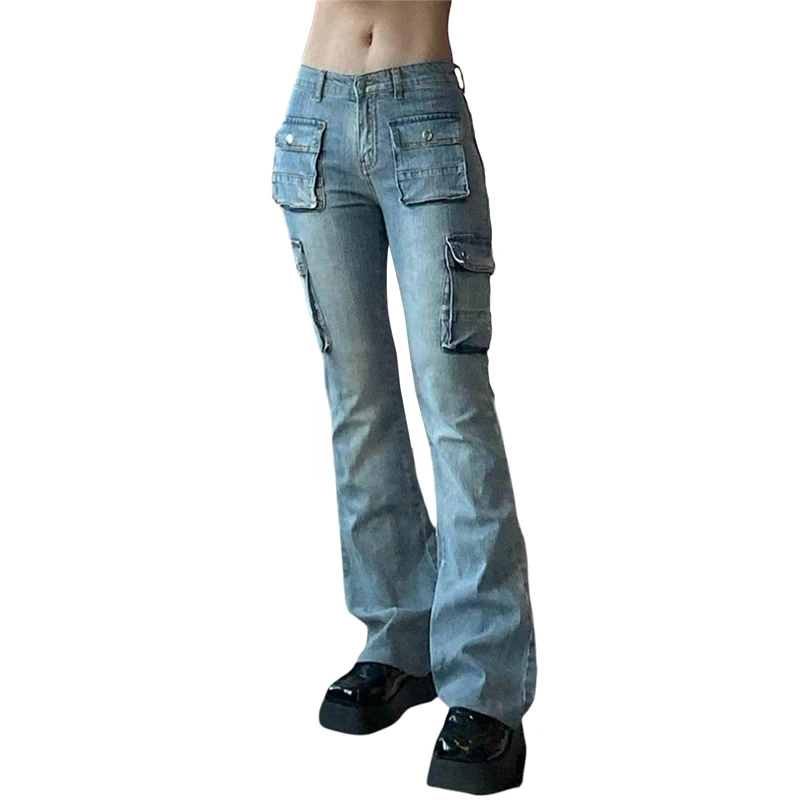 

Kayotuas Women Jeans Low Waist with Pocket Loose Wide Leg Cargo Trousers Vintage Retro Casual Ladies Bottoms Streetwear
