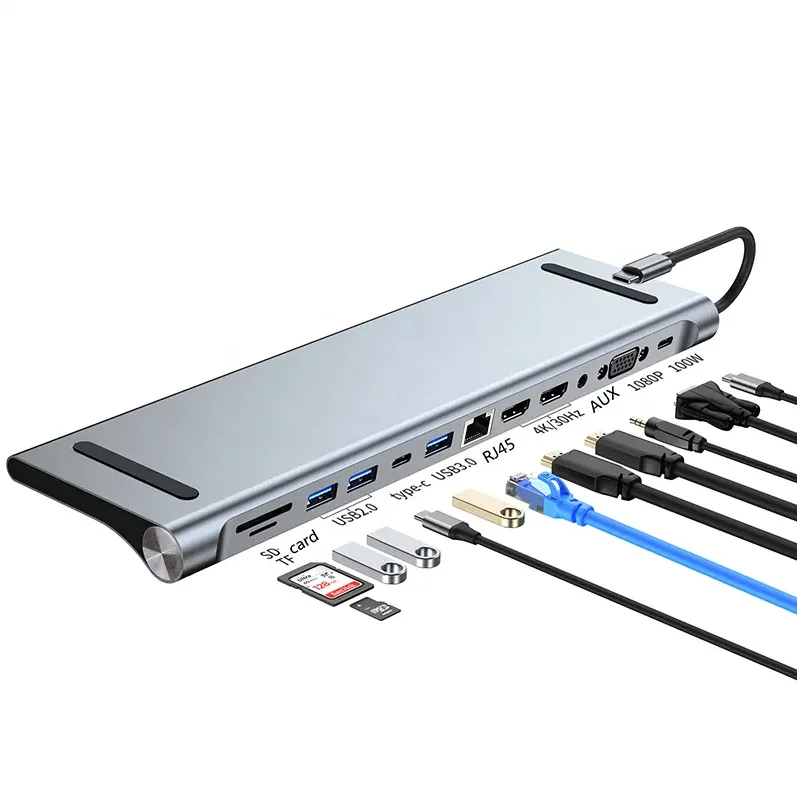 Фото USB-C хаб MindPure 12-в-1 с док-станцией MST, двумя портами HDMI, 100W PD, RJ45, слотами для карт SD и TF №1
