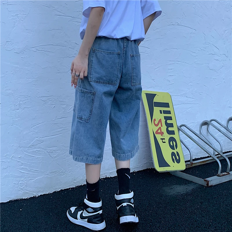 Men Hip-hop Harajuku Seven-point Jeans vintage Wide Leg Seven-point Pants Work With Casual Pants Women Straight Denim Shorts