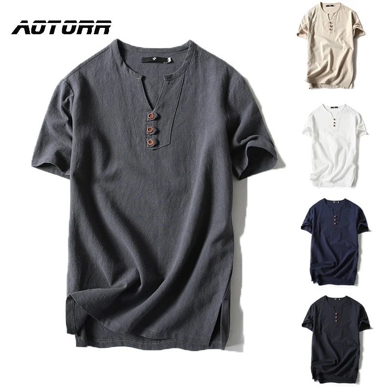 Новинка 2022 мужские летние футболки хлопковые льняные с V-образным вырезом