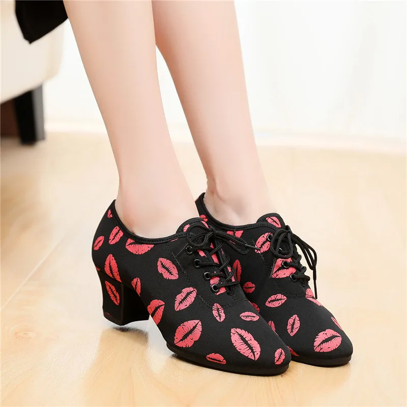 SUN LISA Women's Lady's Girl's Red Lips Indoor Oxford Leather Sole Chunky Heel Sneaker Ballroom Modern Salsa Latin Dance Shoes